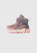 Rosa und graue Wanderschuhe mit floralem Design, verstellbarem Riemen, weichem Innenfutter und einer stabilen, rosa Außensohle für besseren Halt.