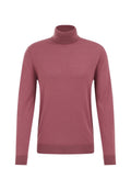 Weicher pinkfarbener Rollkragenpullover, gestrickter Stoff, gerippte Bündchen und Saum, lange Ärmel, taillierte Silhouette mit minimaler Detailgestaltung.