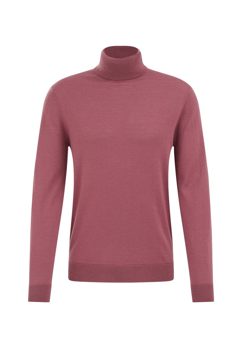 Weicher pinkfarbener Rollkragenpullover, gestrickter Stoff, gerippte Bündchen und Saum, lange Ärmel, taillierte Silhouette mit minimaler Detailgestaltung.