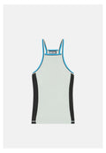 Hellgraues Tanktop mit schwarzen Seiteneinsätzen und blauen Akzentnähten. Mit einem Logo auf der Rückseite und einem Racerback-Design.