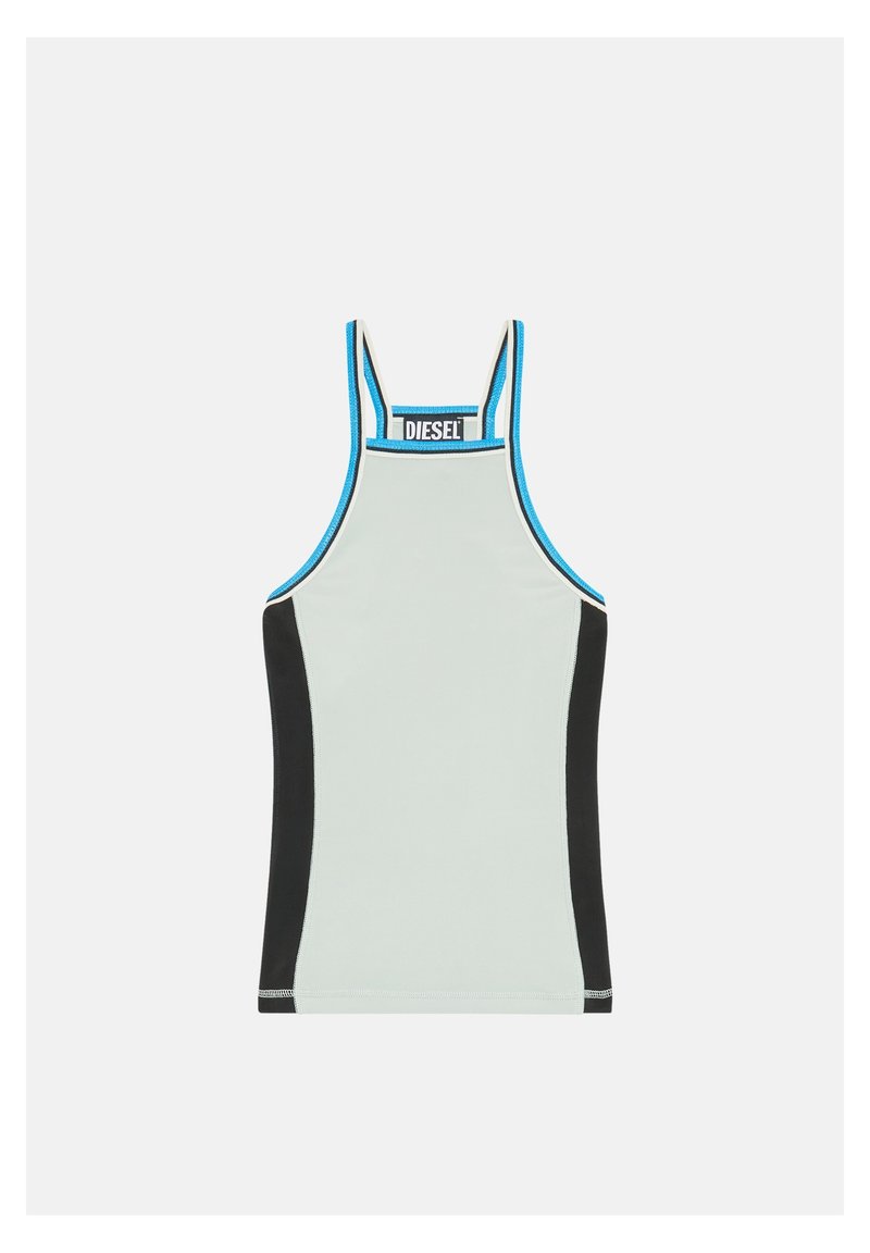 Hellgraues Tanktop mit schwarzen Seiteneinsätzen und blauen Akzentnähten. Mit einem Logo auf der Rückseite und einem Racerback-Design.