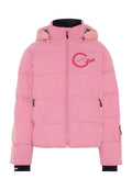 Rosa Steppjacke mit Reißverschluss vorne und Kapuze, mit einem Logo auf der linken Brust, elastischen Bündchen und einem gesteppten Design mit kontrastierenden Akzenten.