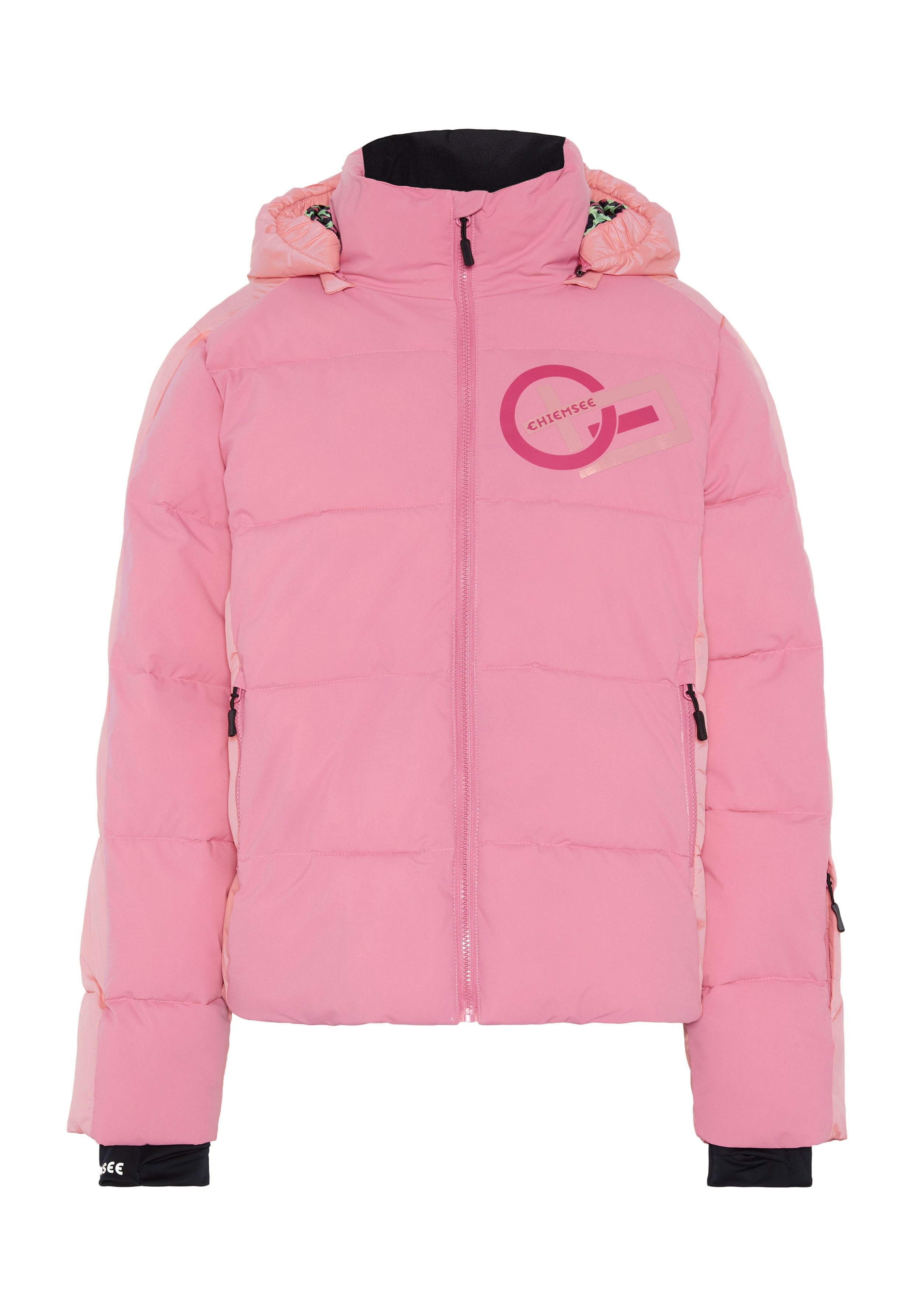 Rosa Steppjacke mit Reißverschluss vorne und Kapuze, mit einem Logo auf der linken Brust, elastischen Bündchen und einem gesteppten Design mit kontrastierenden Akzenten.