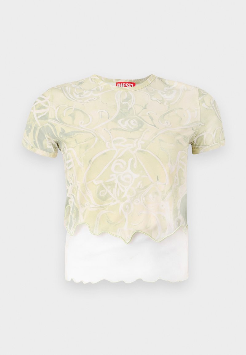 Kurzärmeliges Hemd mit einem hellgrünen Blumenmuster, durchsichtiger oberer Schicht mit gewelltem Saum und fester weißer Unterlage. Roter Logo-Tag sichtbar.