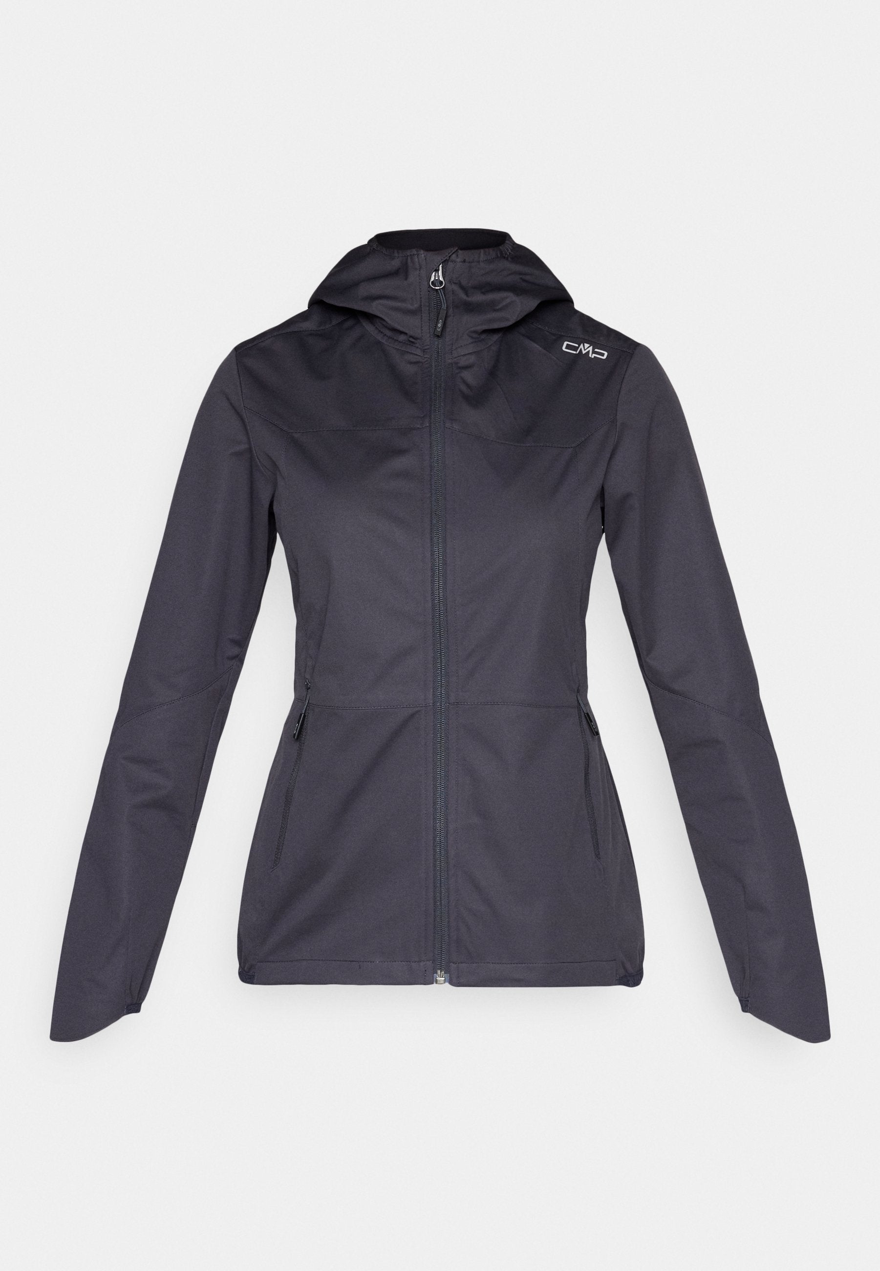 Schwarze langärmelige Zip-Jacke mit Kapuze und seitlichen Reißverschlusstaschen, mit weißem "CMP"-Logo auf der rechten Schulter gebrandet.