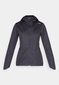 Schwarze langärmelige Zip-Jacke mit Kapuze und seitlichen Reißverschlusstaschen, mit weißem "CMP"-Logo auf der rechten Schulter gebrandet.
