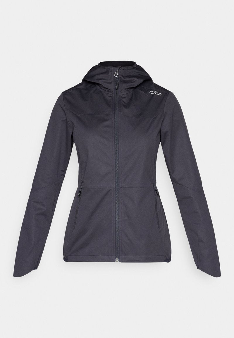 Schwarze langärmelige Zip-Jacke mit Kapuze und seitlichen Reißverschlusstaschen, mit weißem "CMP"-Logo auf der rechten Schulter gebrandet.
