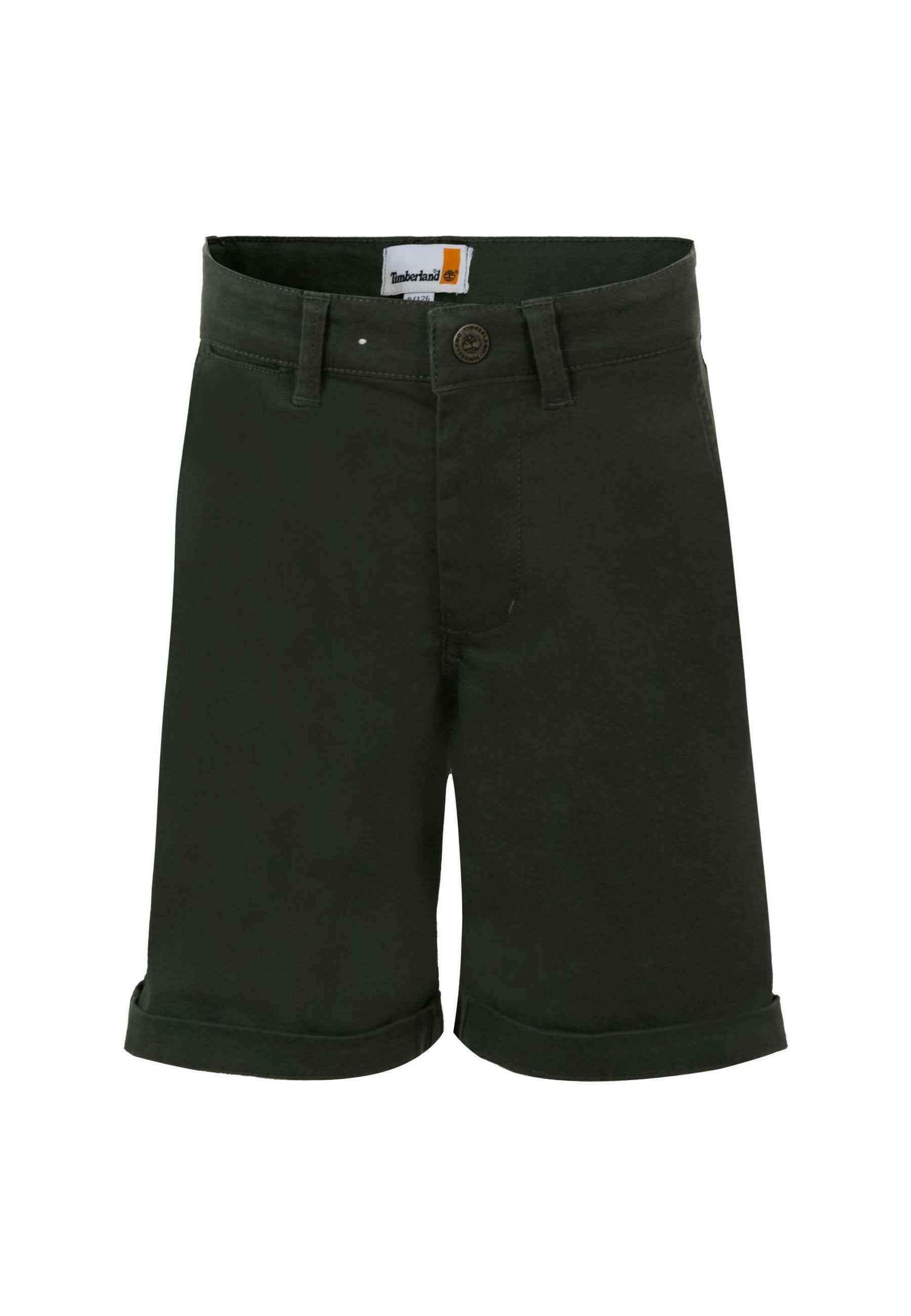 Dunkelgrüne Baumwollshorts mit einem Knopfverschluss und umgeschlagenen Säumen. Verfügt über ein Markenlabel am Bund und Fronttaschen.