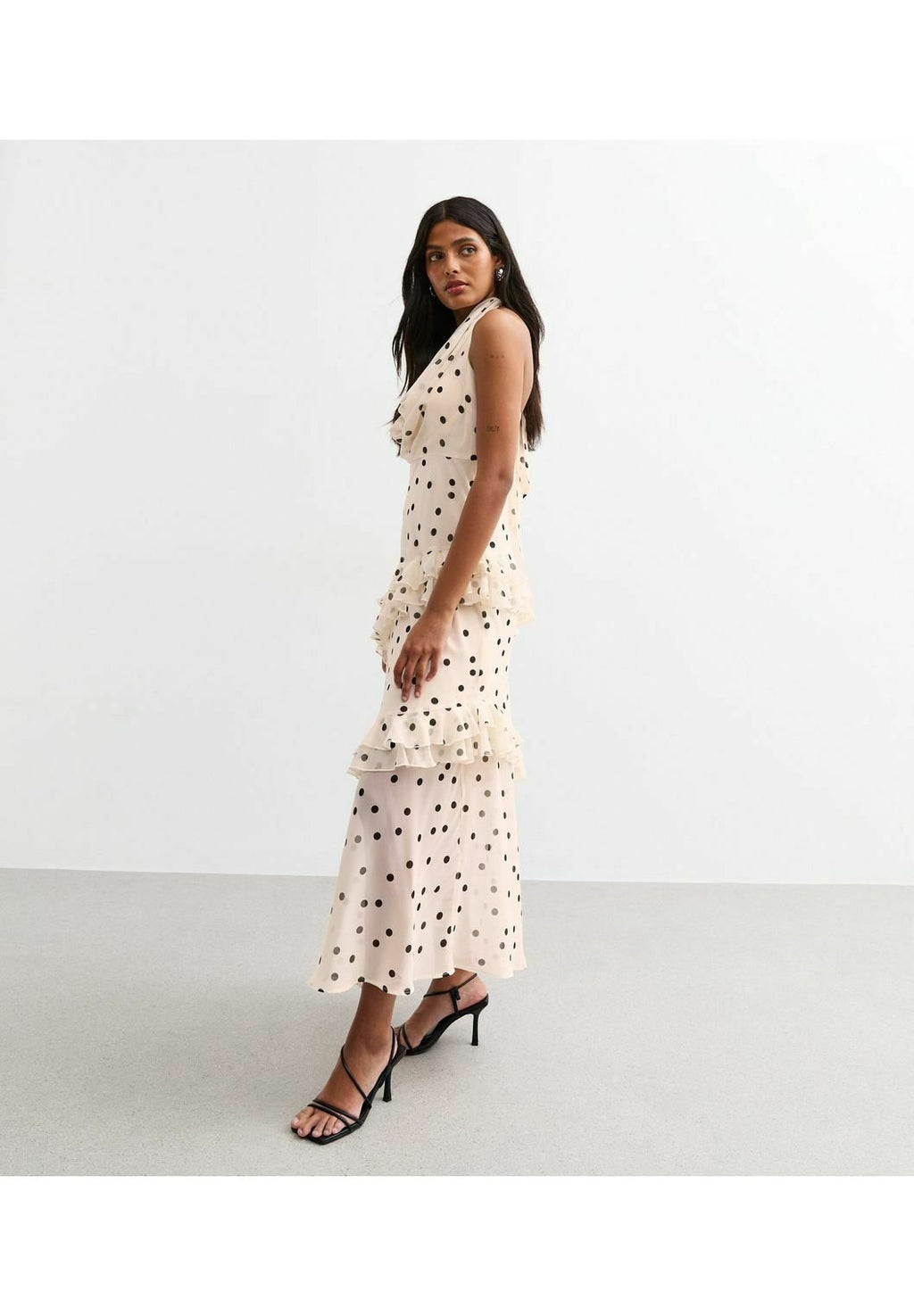New Look OFF WHITE POLKA DOT COWL NECK CHIFFON MIDI DRESS