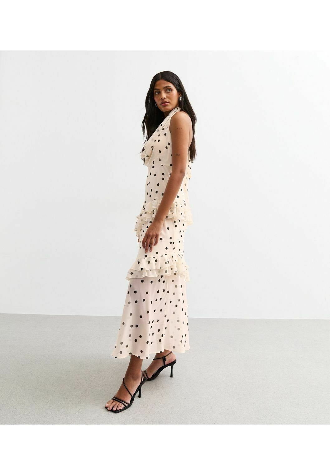New Look OFF WHITE POLKA DOT COWL NECK CHIFFON MIDI DRESS