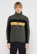 Olivgrüne Fleecejacke mit schwarzen und gelben horizontalen Streifen, durchgehendem Reißverschluss, hohem Kragen und strukturierten Akzenten.