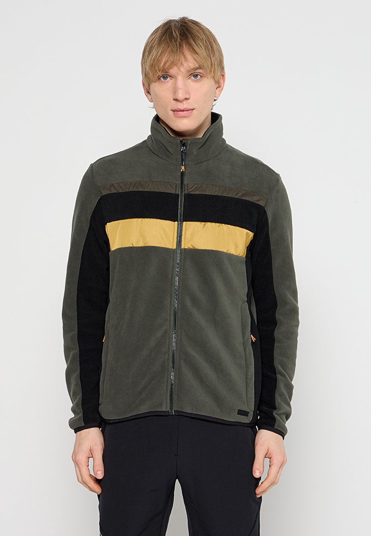 Olivgrüne Fleecejacke mit schwarzen und gelben horizontalen Streifen, durchgehendem Reißverschluss, hohem Kragen und strukturierten Akzenten.
