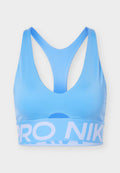 Hellblauer Nike Pro Sport-BH mit Racerback-Design und breitem elastischem Bund mit weißem "NIKE PRO"-Schriftzug.