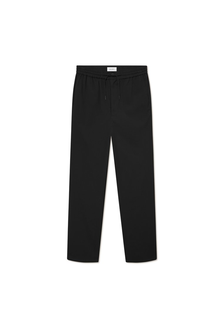 Schwarze, leichte, gerade geschnittene Hose mit elastischem Bund und Kordelzug, aus glattem Material ohne sichtbare Muster oder Akzente.