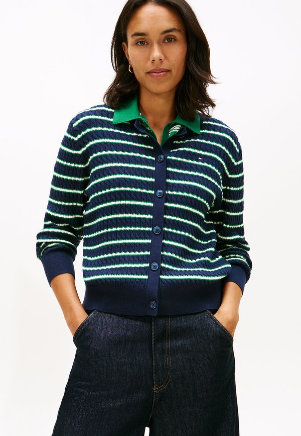 Tommy Hilfiger CABLE KNIT CREW NECK CARDIGAN - Cardigan - navy/nouv green/calico multi stp
