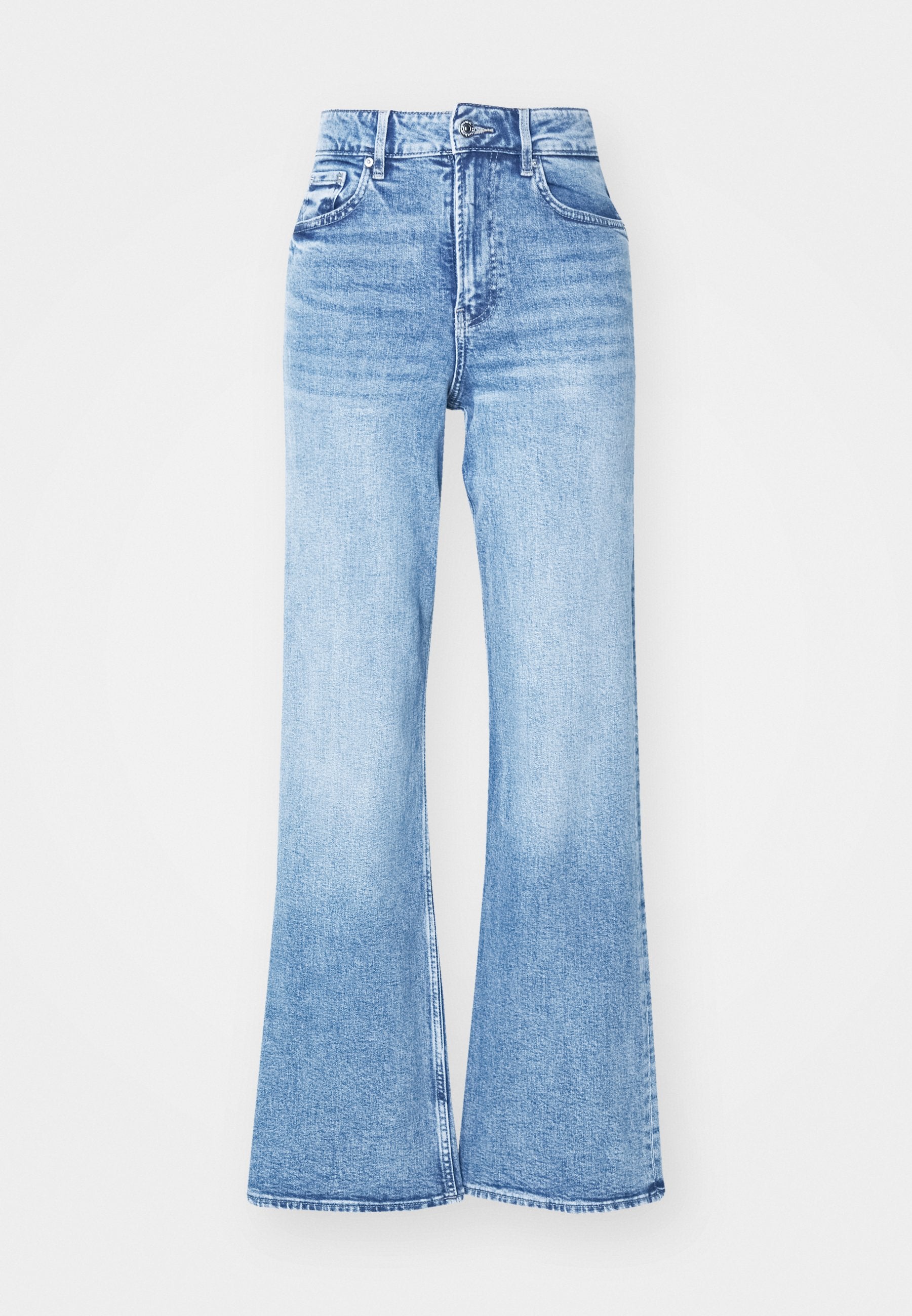 Hellblaue Denim-Jeans mit weitem Schnitt verfügen über ein hoch tailliertes Design, einen Reißverschluss und Taschen. Der Stoff hat eine glatte Textur mit leichter Verwaschung.