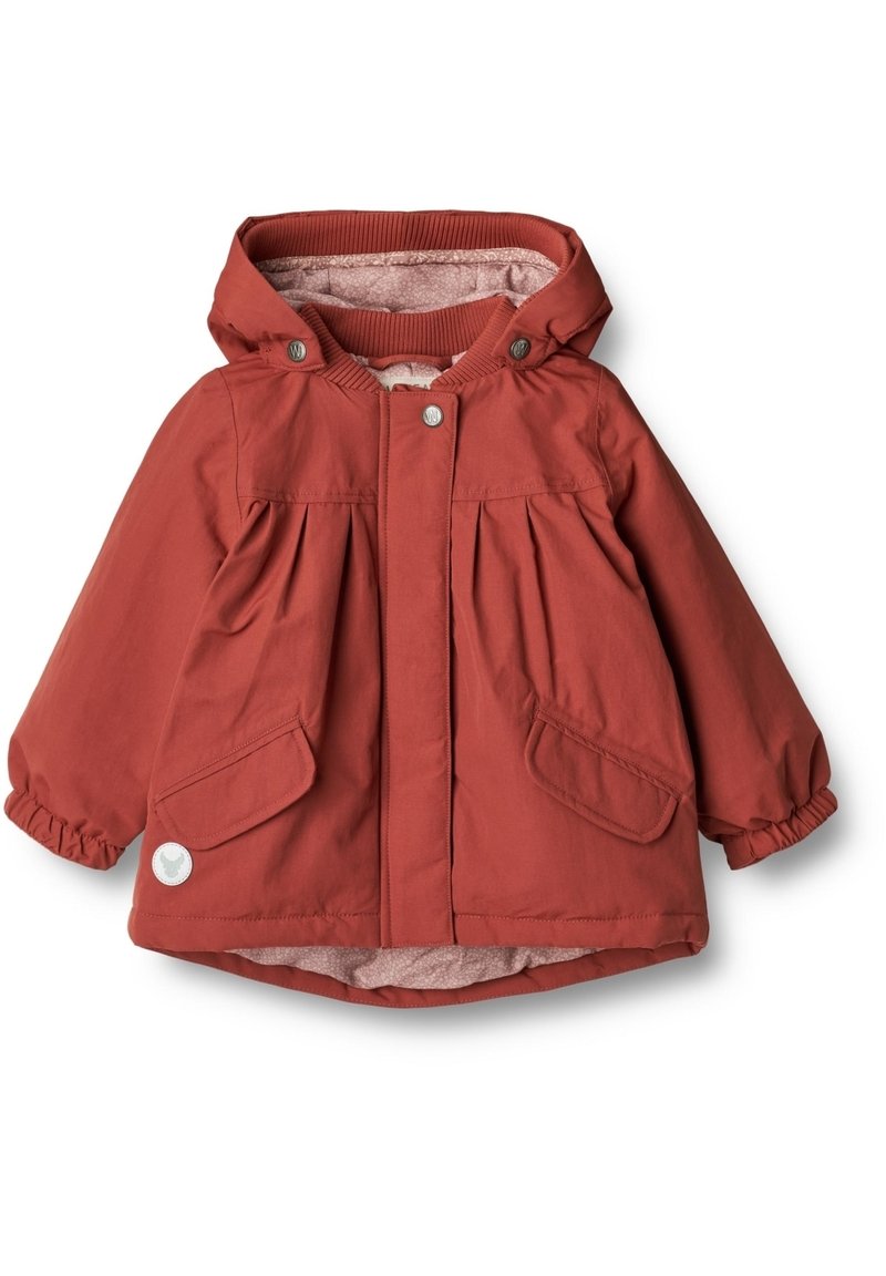 Rote Kinderjacke mit Kapuze, Druckknöpfen, zwei Fronttaschen und gerafften Ärmeln. Gefüttert mit einem weichen, hellen Material.