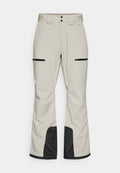 Helle beige Schneehosen mit schwarzen Akzenten, ausgestattet mit einem verstellbaren Taillenbund, zwei seitlichen Taschen mit Reißverschlüssen und verstärkten schwarzen Unterbeinen.