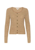 Beige Cardigan aus weichem Strickmaterial. Verfügt über einen runden Ausschnitt, lange Ärmel und sechs dunkle Knöpfe auf der Vorderseite.