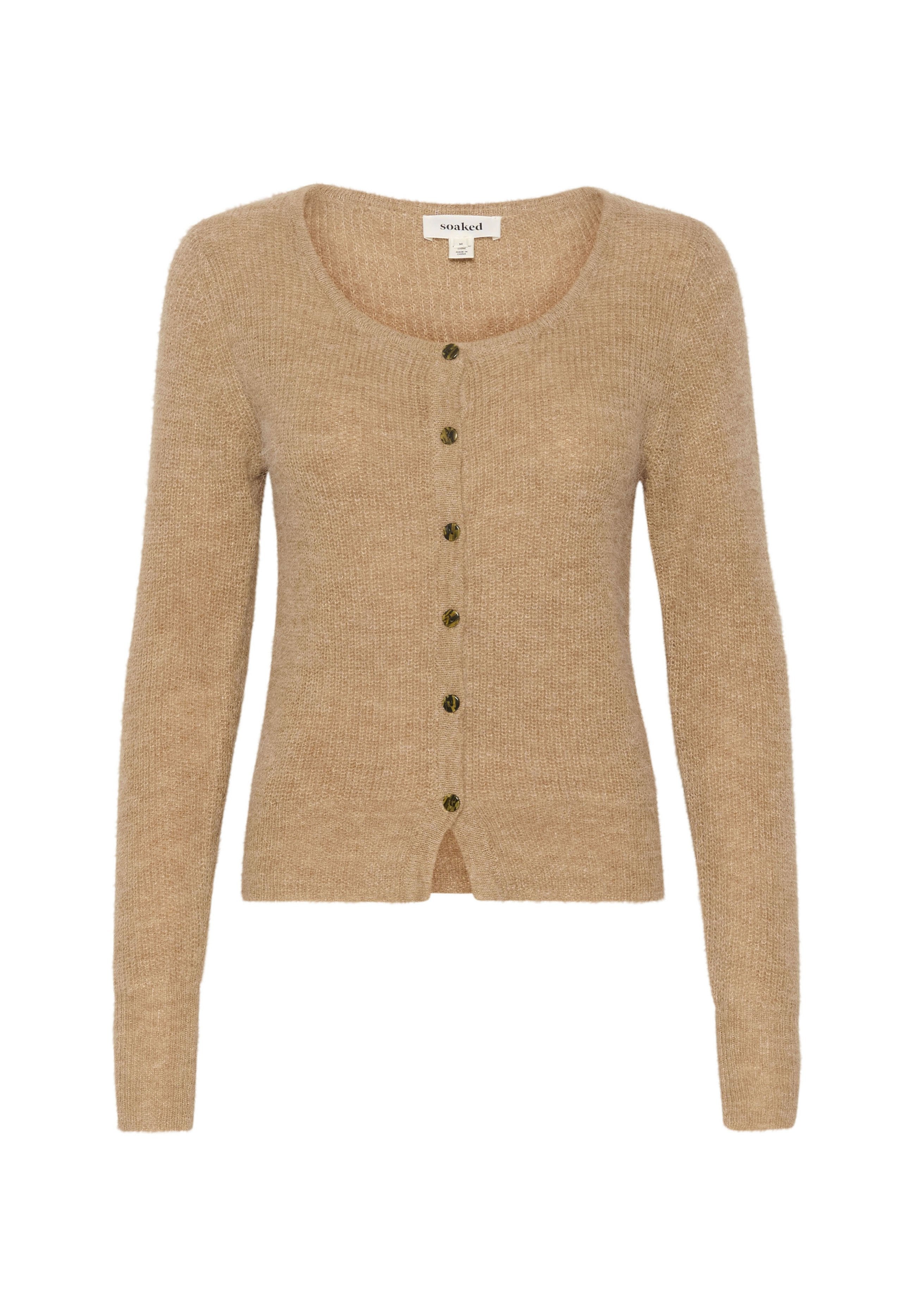 Beige Cardigan aus weichem Strickmaterial. Verfügt über einen runden Ausschnitt, lange Ärmel und sechs dunkle Knöpfe auf der Vorderseite.