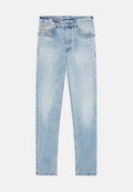 Helle blaue Denim-Jeans mit geradem Bein-Design, ausgestattet mit fünf Taschen, einem Knopfverschluss und dezentem Verblassen des Stoffes.
