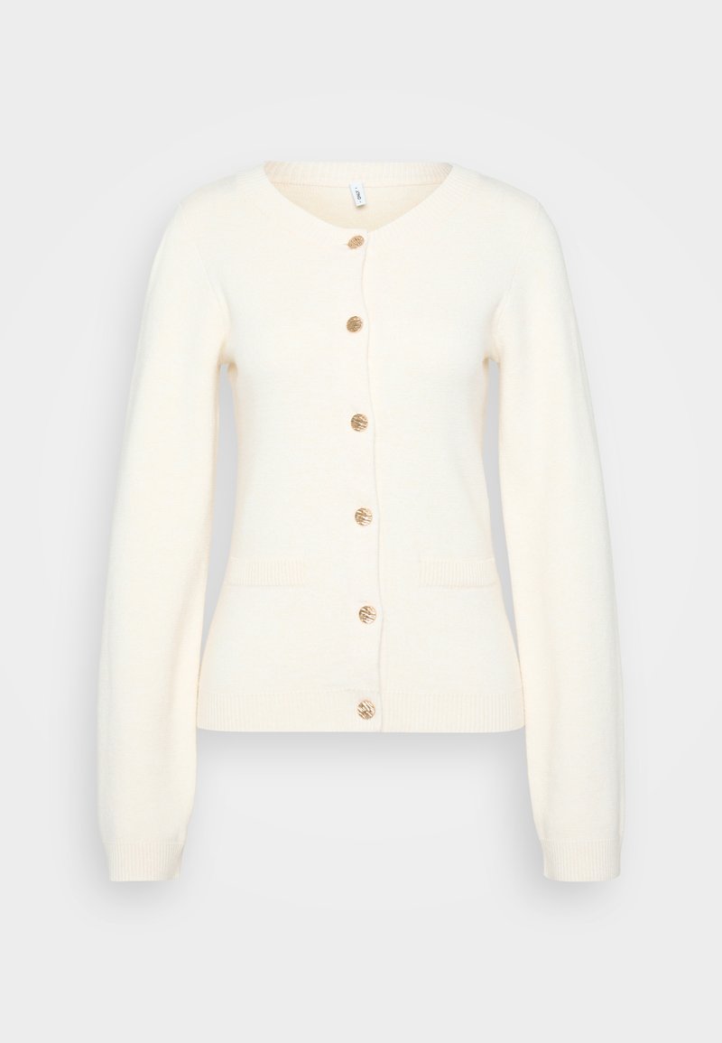 Cremefarbener Cardigan mit V-Ausschnitt, langen Ärmeln, sechs goldenen Knöpfen auf der Vorderseite und zwei vorderen Taschen, mit gerippten Bündchen und Saum.