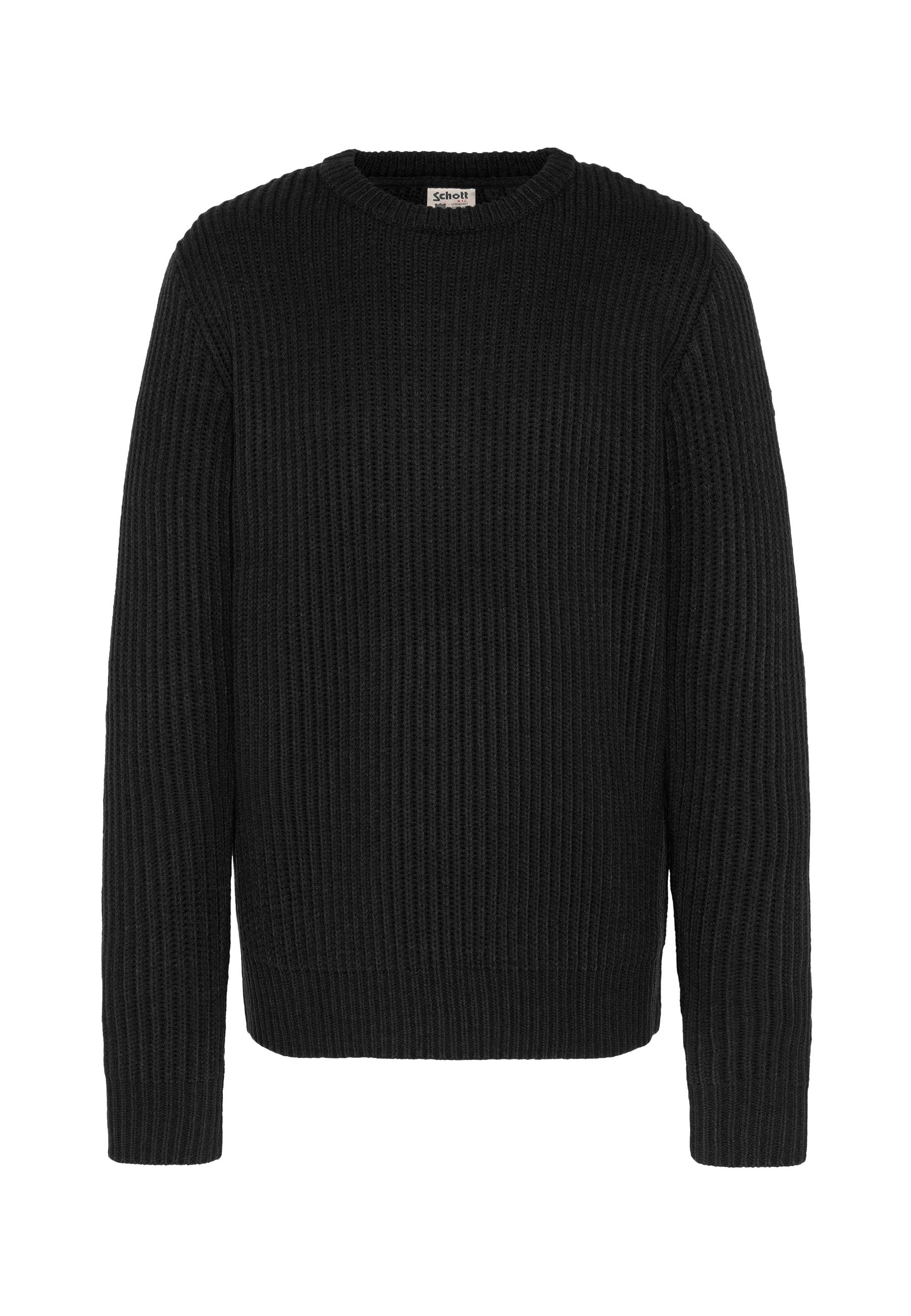 Schwarzer gestrickter Pullover mit gerippter Textur, Rundhalsausschnitt und langen Ärmeln. Schlichtes Design ohne sichtbare Muster oder Verzierungen.