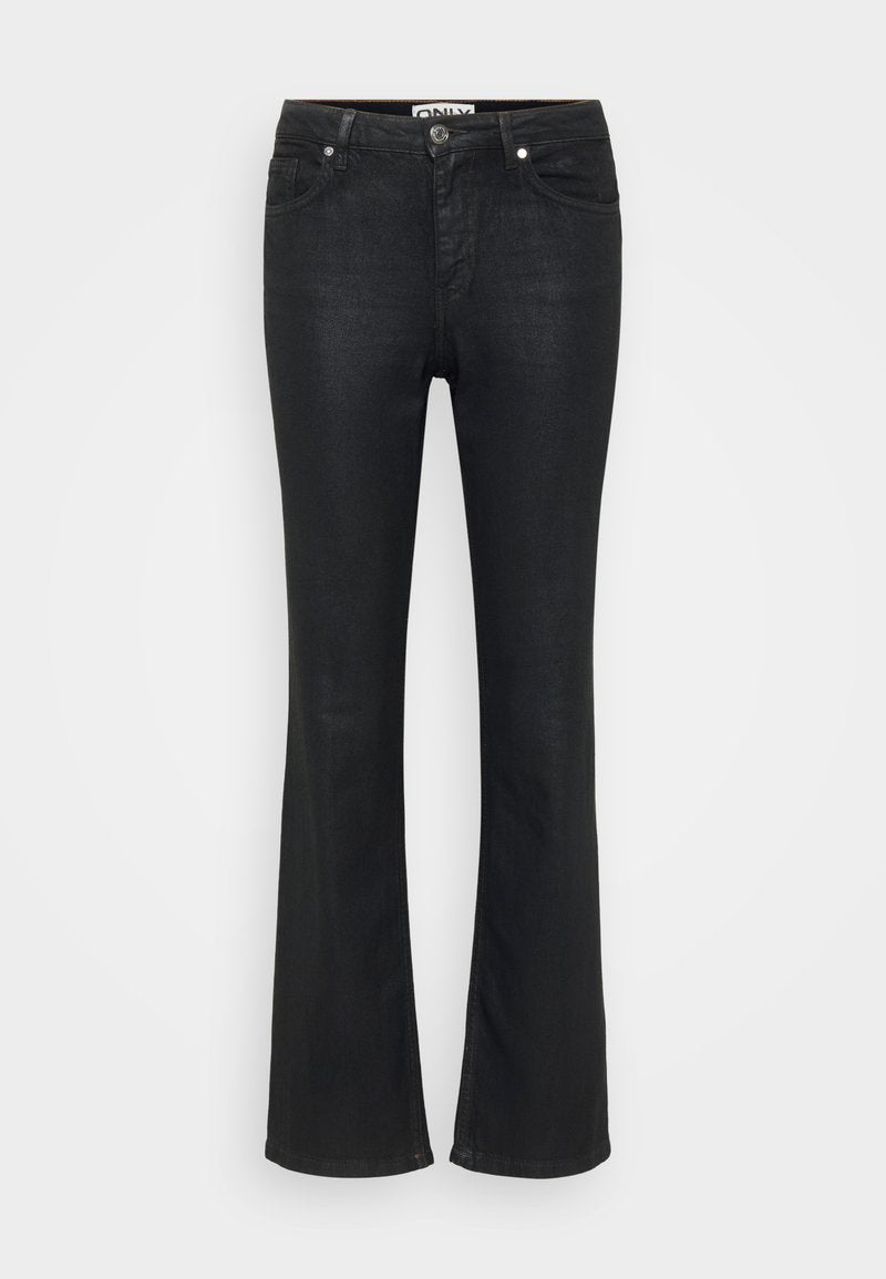 Schwarze ausgestellte Jeans aus Denim, mit einem klassischen Fünf-Taschen-Design, Metallknopfverschluss und dezenten Nähten entlang der Seitennähte.