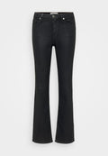 Schwarze ausgestellte Jeans aus Denim, mit einem klassischen Fünf-Taschen-Design, Metallknopfverschluss und dezenten Nähten entlang der Seitennähte.