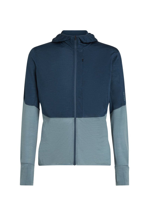 Kapuzensweatjacke in dunkelblau und hellblau, aus strukturiertem Stoff, mit Reißverschluss und enganliegenden Bündchen. Zweispektrum-Design mit glatter Oberfläche.