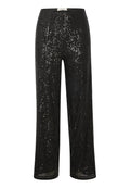 Schwarze Pailletten-Hosen mit geradem Bein, die eine glatte Textur und eine schimmernde Oberfläche aufweisen. Der Bund mit Etikett ist oben sichtbar.