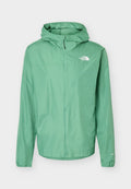 Hellgrüne wasserdichte Kapuzenjacke mit durchgehendem Frontreißverschluss und The North Face-Logo auf der Brust.