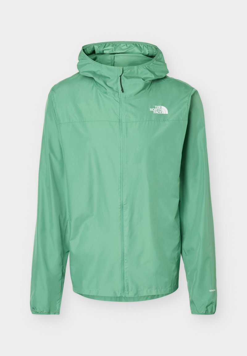 Hellgrüne wasserdichte Kapuzenjacke mit durchgehendem Frontreißverschluss und The North Face-Logo auf der Brust.