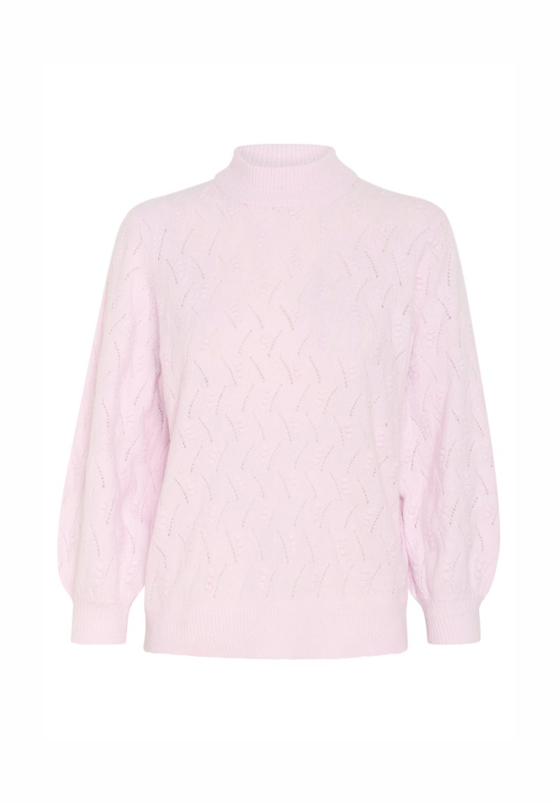 Helle rosa gestrickter Pullover mit hohem Kragen, mit Kabelmuster, Ballonärmeln und gerippten Bündchen und Saum.