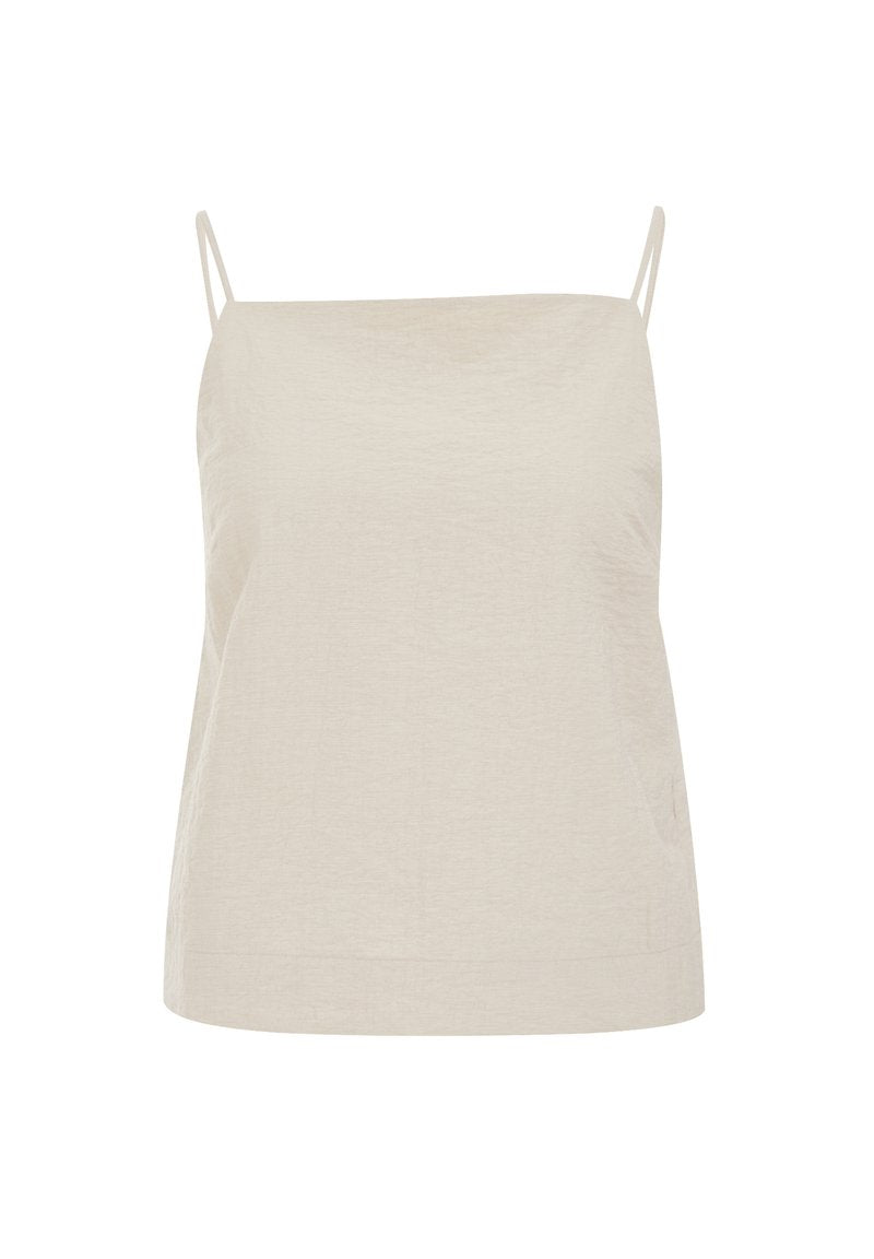 Hellbeige, ärmelloses Cami-Top aus strukturiertem Stoff. Verfügt über dünne, verstellbare Träger und einen geraden Saum. Einfaches und minimalistisches Design.