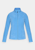 Hellblaue Fleecejacke mit durchgehendem Frontreißverschluss, Stehkragen, langen Ärmeln, Seitentaschen und dezentem Logo auf der Schulter.
