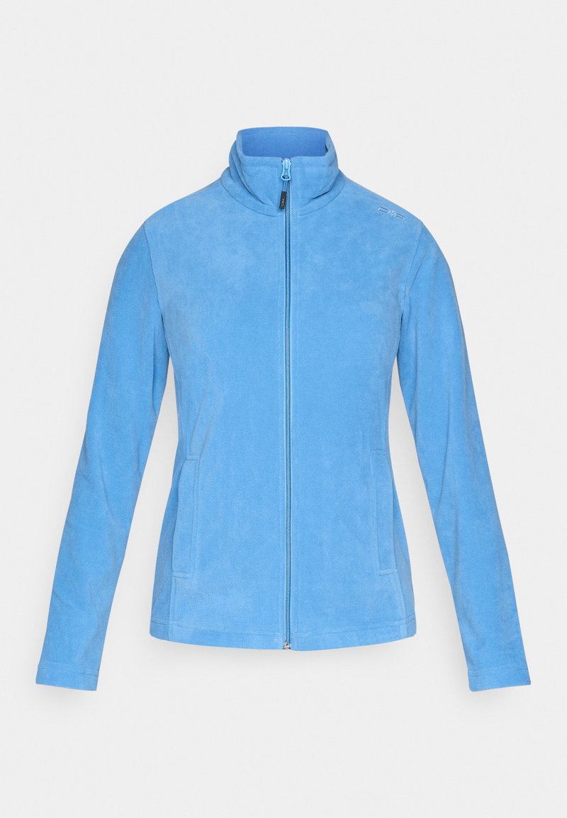 Hellblaue Fleecejacke mit durchgehendem Frontreißverschluss, Stehkragen, langen Ärmeln, Seitentaschen und dezentem Logo auf der Schulter.