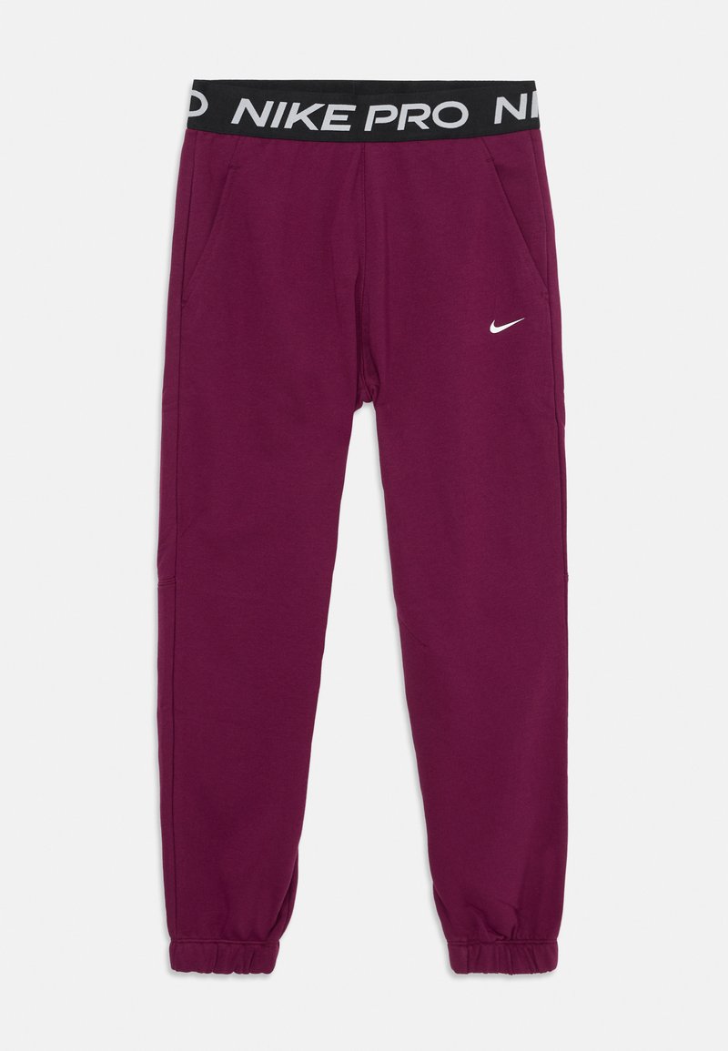 Lila Nike Pro Jogginghose mit elastischem Bund, der den weißen "NIKE PRO"-Schriftzug trägt, zwei seitlichen Taschen und schmal zulaufenden Knöchelbündchen.