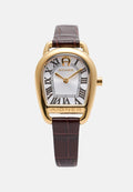 Goldfarbene Aigner-Armbanduhr mit weißem Zifferblatt, schwarzen römischen Ziffern, goldenen Zeigern und braunem Lederarmband.