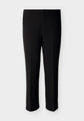 Schwarze, maßgeschneiderte Hose aus glattem Stoff, mit geradem Schnitt, zwei Vordertaschen und schlichtem Bunddesign.