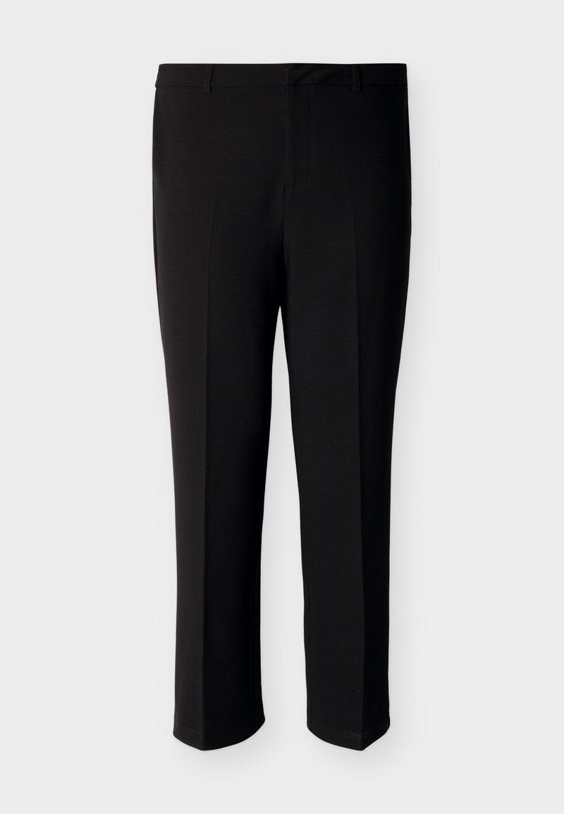 Schwarze, maßgeschneiderte Hose aus glattem Stoff, mit geradem Schnitt, zwei Vordertaschen und schlichtem Bunddesign.