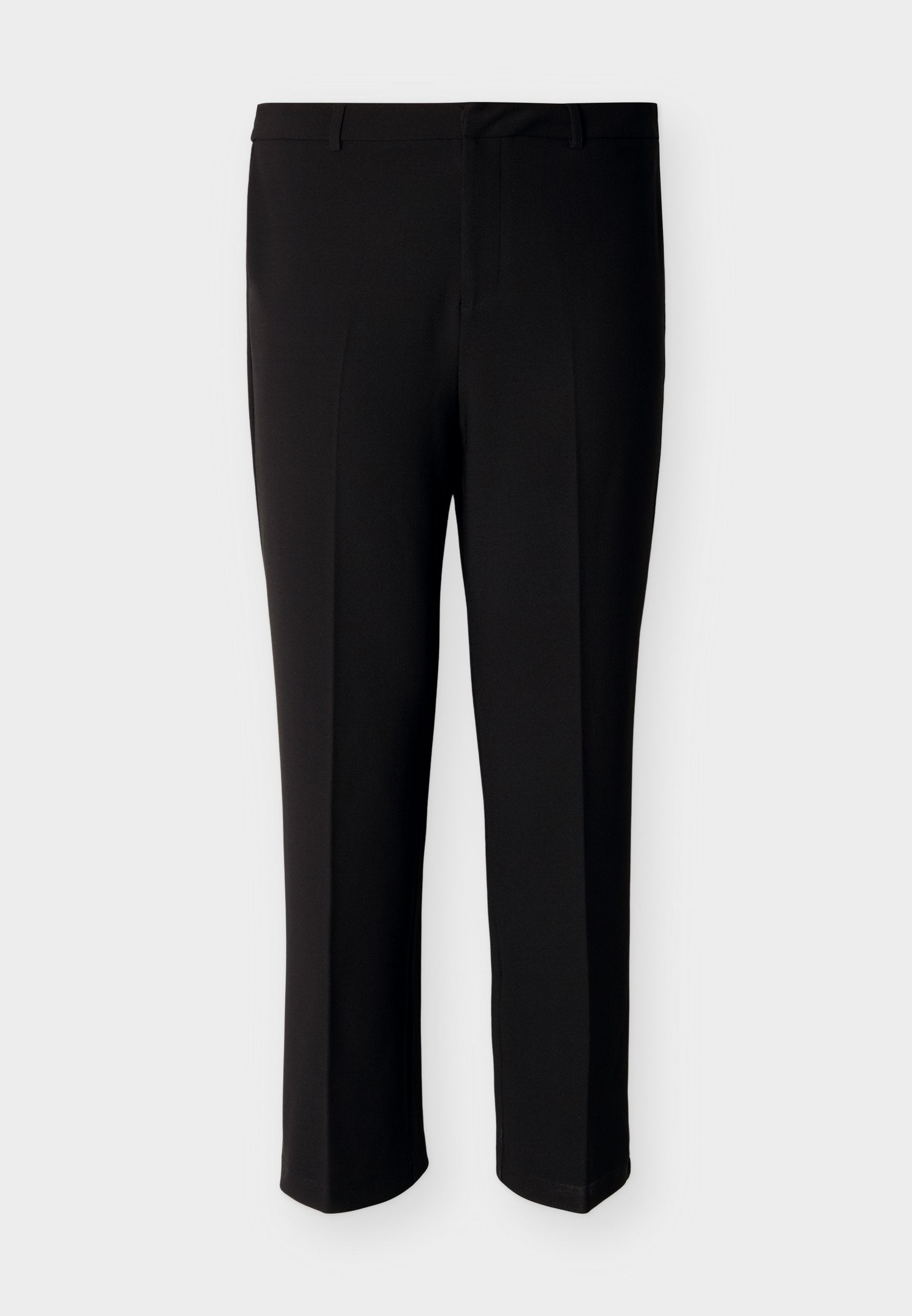 Schwarze, maßgeschneiderte Hose aus glattem Stoff, mit geradem Schnitt, zwei Vordertaschen und schlichtem Bunddesign.