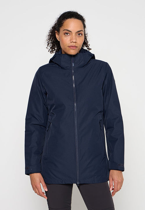 Marineblauer wasserdichter Anorak aus glattem Nylon mit Frontreißverschluss, verstellbarer Kapuze und Taschen auf beiden Seiten. Verfügt über einen etwas längeren Schnitt.
