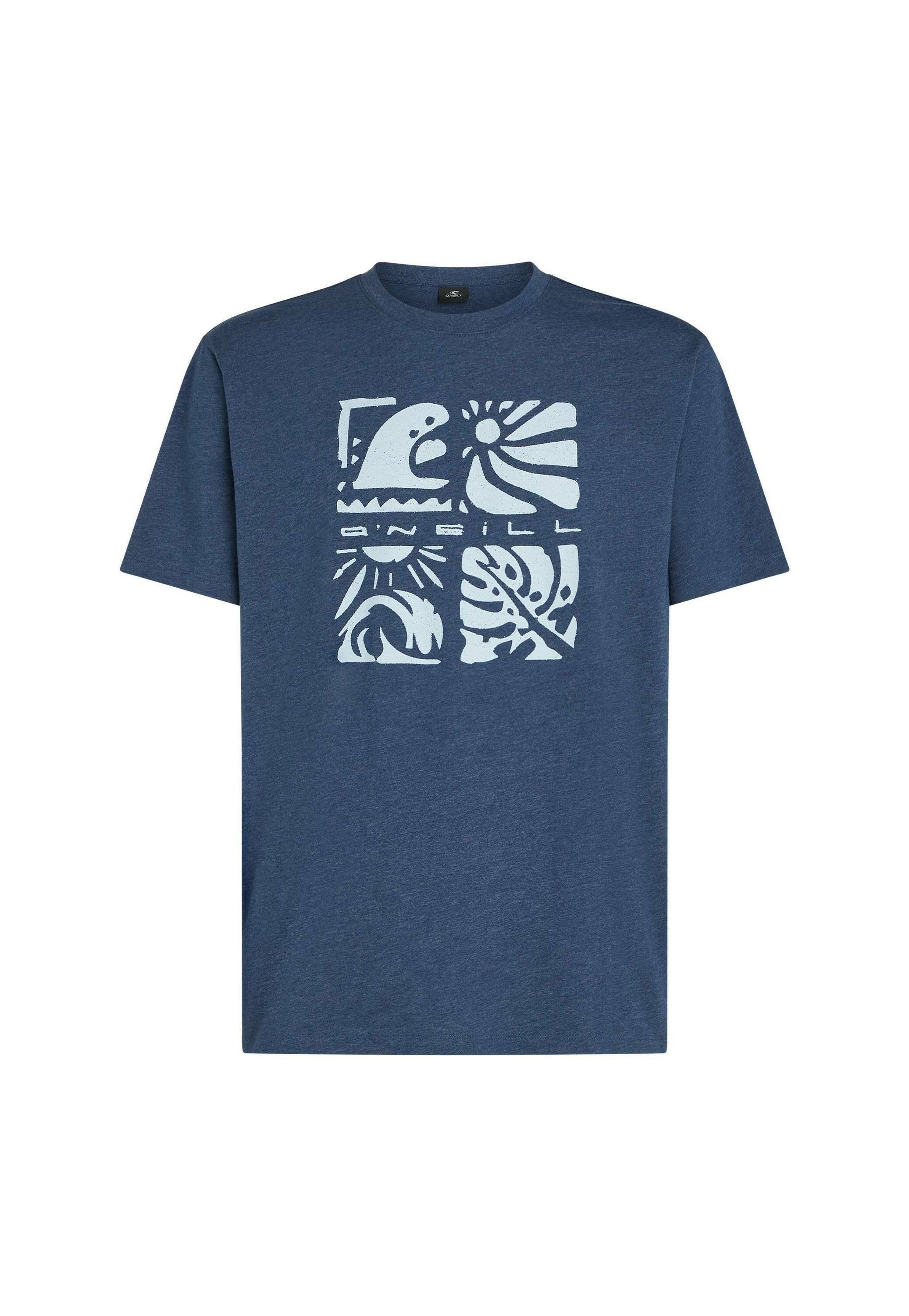 Marineblaues Baumwoll-T-Shirt mit einem weißen Grafikdesign auf der Vorderseite, das abstrakte Wellen, Sonne und Blattmuster zeigt. Kurzärmlig, Rundhalsausschnitt.