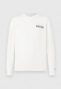 Weißes Langarm-Crewneck-Sweatshirt mit kleinem "1985 Tommy Jeans"-Text und gestreiftem Logo auf der linken Brust sowie kleinem Logotag am linken Ärmelbund.