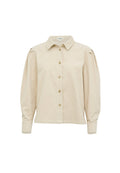 Beige Hemd mit langen Puffärmeln, Kragen und abgerundetem Saum. Hergestellt aus strukturiertem Stoff mit Knopfakzenten auf der Vorderseite.