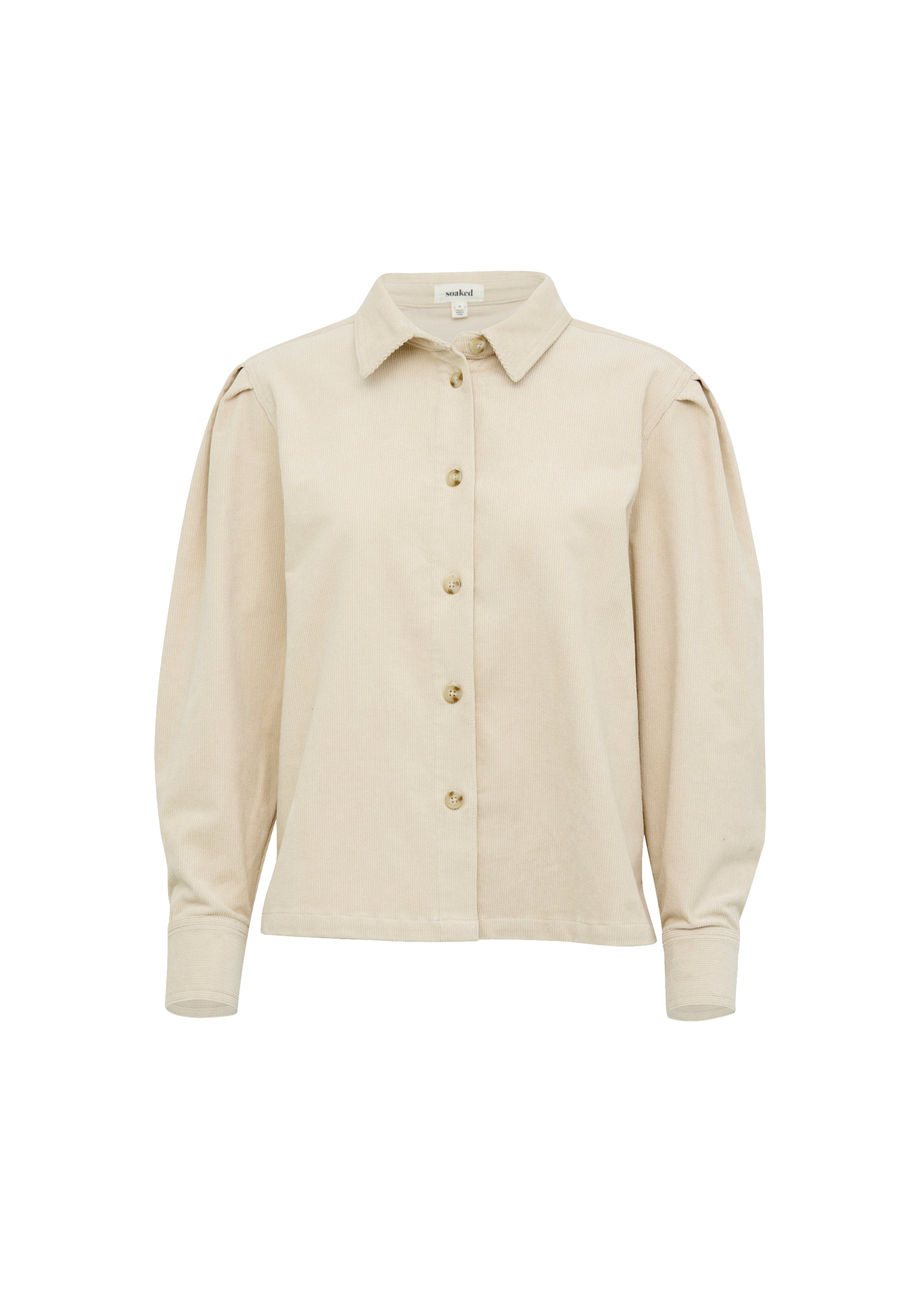 Beige Hemd mit langen Puffärmeln, Kragen und abgerundetem Saum. Hergestellt aus strukturiertem Stoff mit Knopfakzenten auf der Vorderseite.