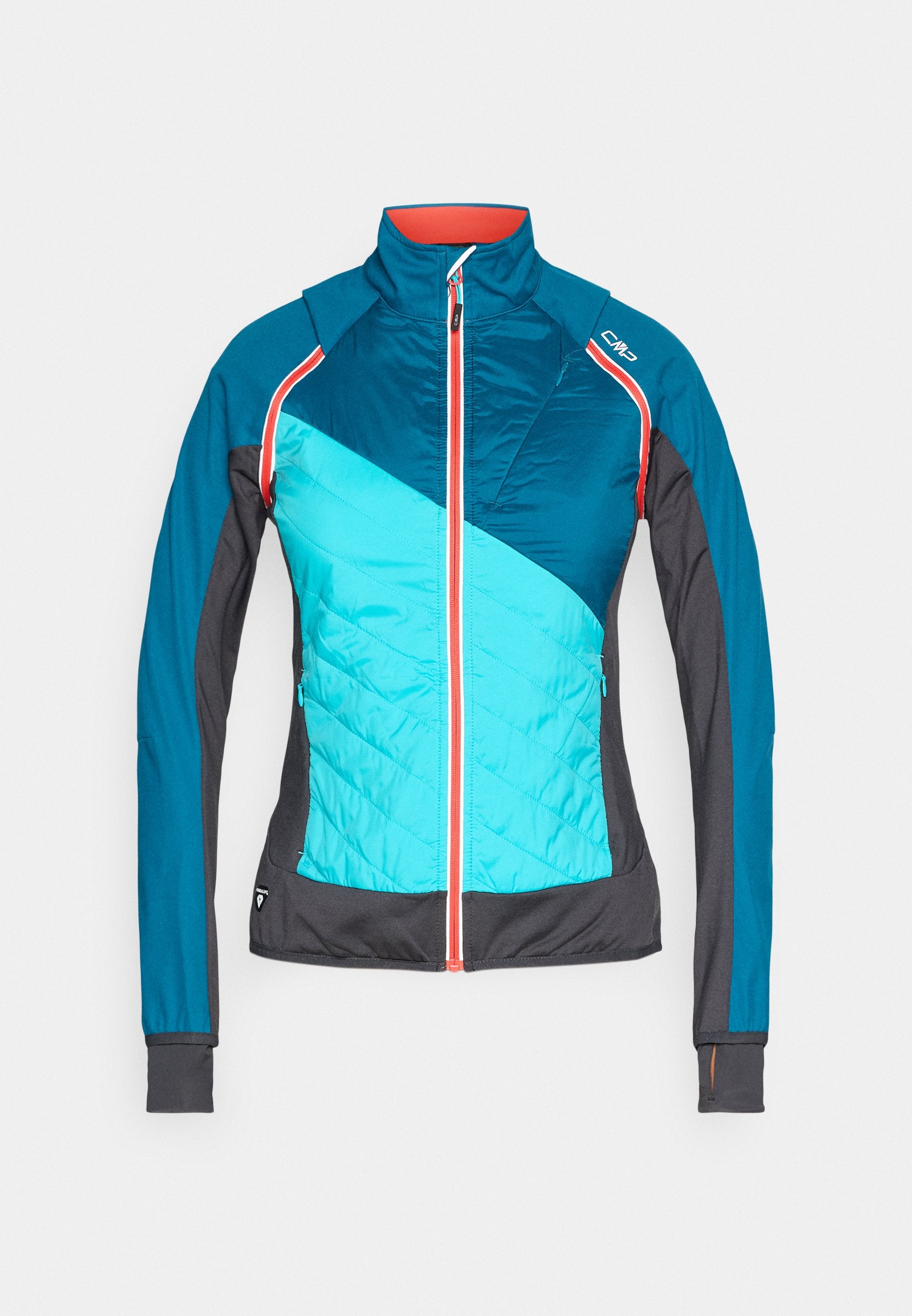 Damen blaue und türkise Outdoorjacke mit durchgehendem Frontreißverschluss, hohem Kragen, Daumenlöchern und kontrastierendem Korallenreißverschlussbesatz.