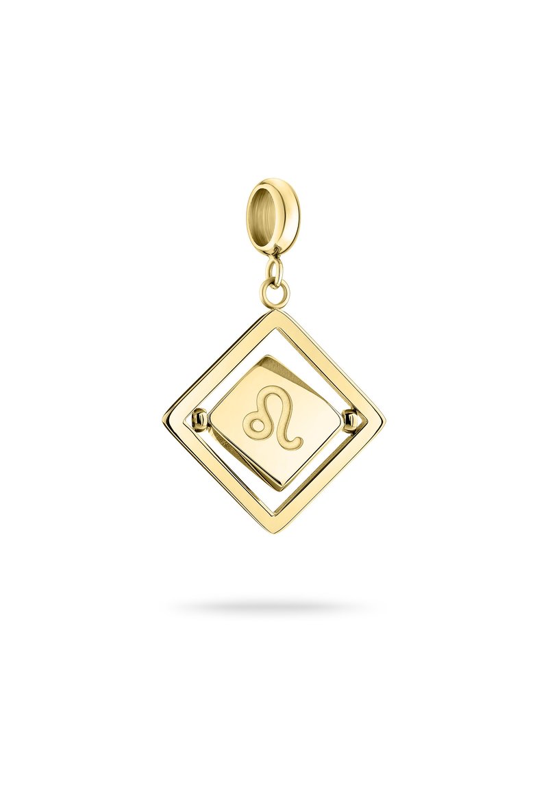 Goldener Charm-Anhänger in Form eines Diamanten mit einem zentralen geprägten Leo-Symbol, erhältlich in einer polierten Ausführung und mit einer Aufhängeschlaufe.