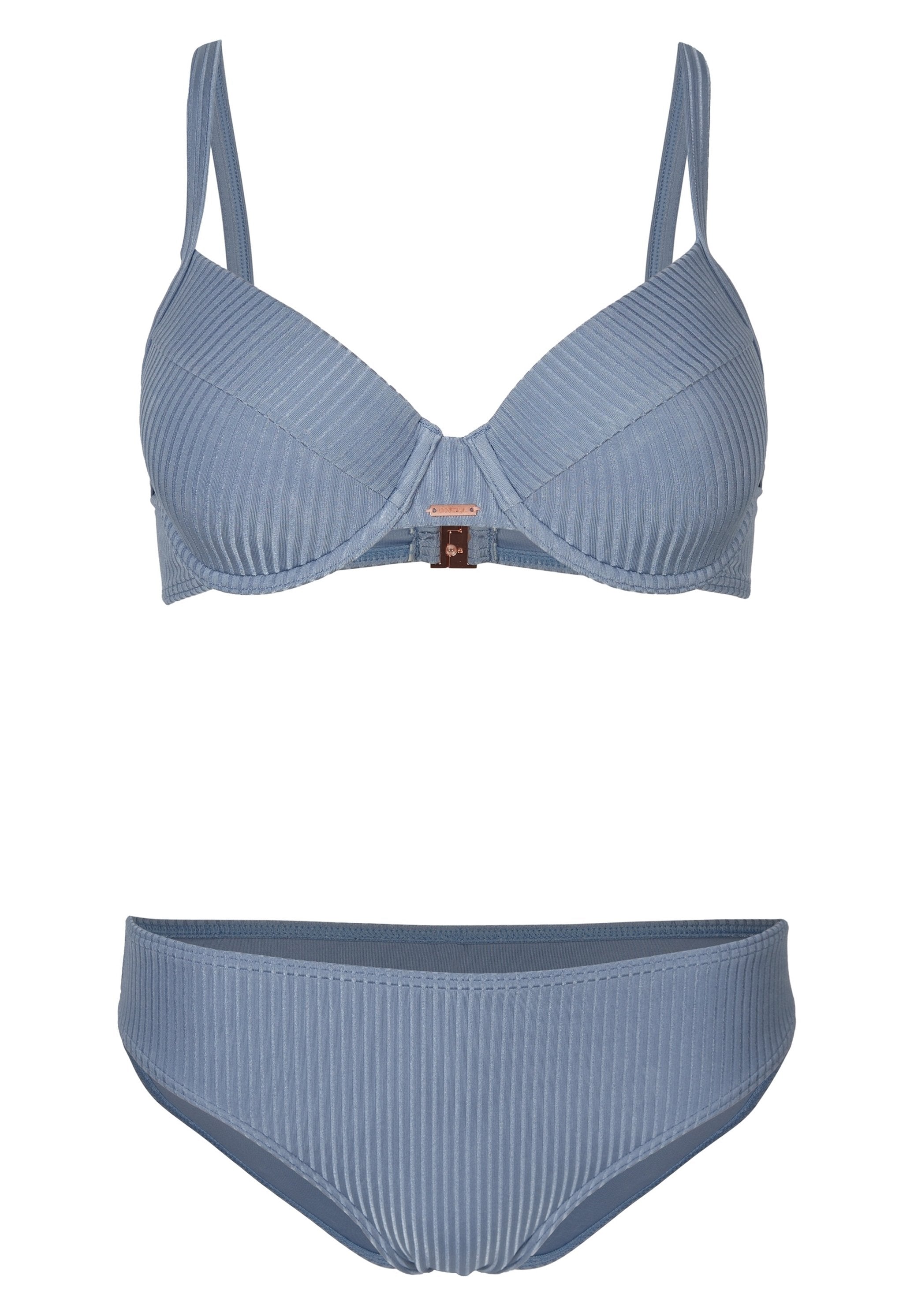 Hellblaues, geripptes Bikini-Set mit gepolstertem Oberteil, verstellbaren Trägern und einem Verschluss, kombiniert mit mittelhohen Bikini-Höschen.